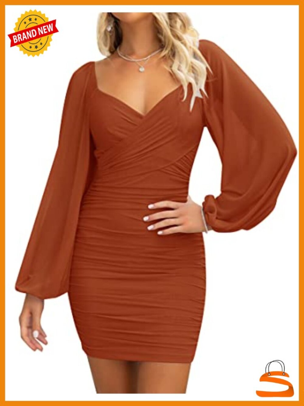Womens Long Sleeve Chiffon Bodycon Mini Dress Ruched Cocktail Party